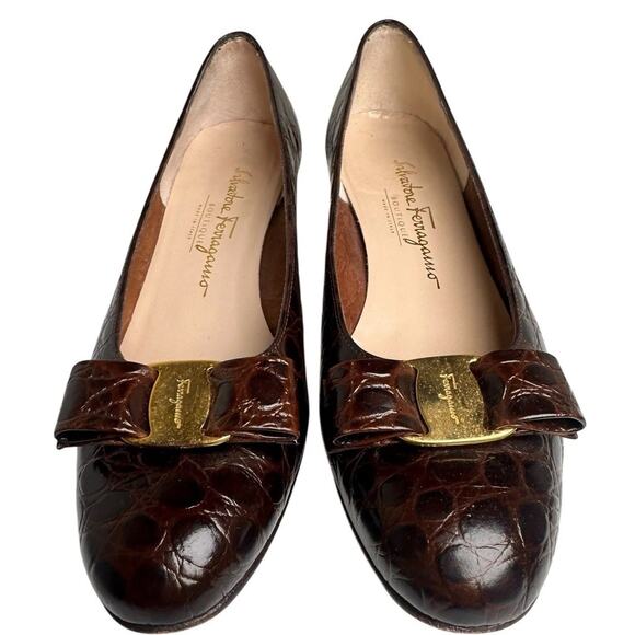 Vtg 90’s Salvatore Ferragamo Brown Calf Croc Leather Gold Bow Vara Shoes Sz 8 B - Picture 14 of 16